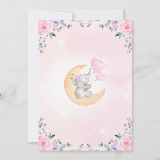 Meisje Olifant Baby shower / Roze Paarse Bloemen Kaart (Achterkant)