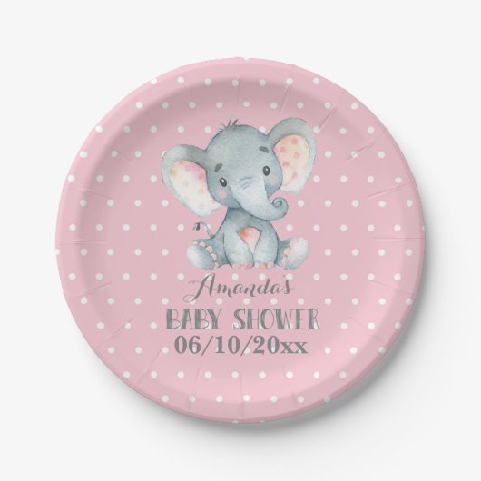 Meisje Olifant Baby shower Roze Papier Bord (Voorkant)