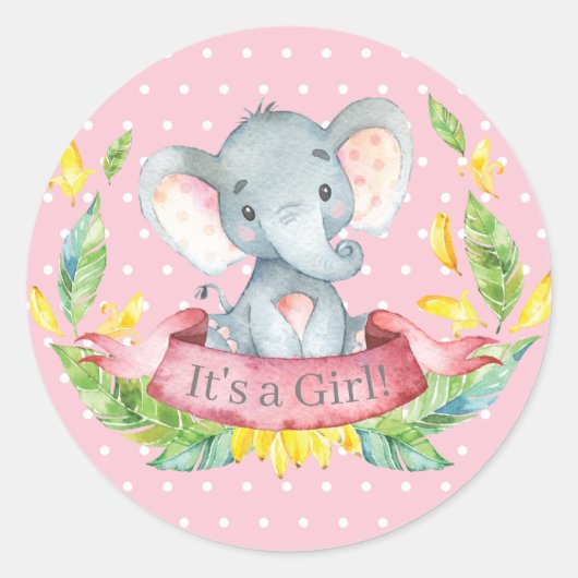 Meisje Olifant Baby Shower Roze Ronde Sticker (Voorkant)