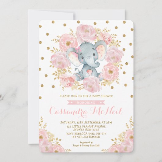 Meisje Olifant Blush Roze Bloemen Baby Meisje Douc Kaart (Voorkant)