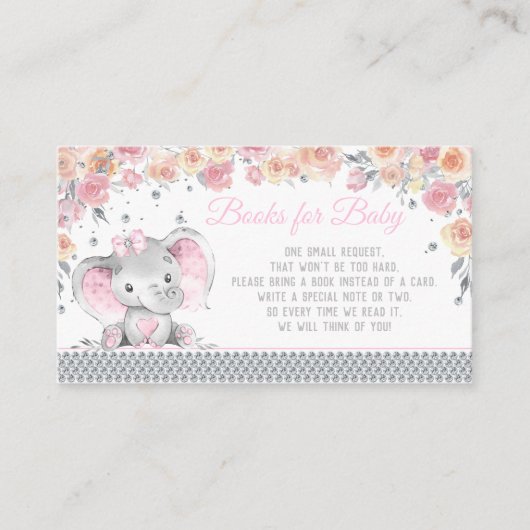 Meisje Olifant Diamant Boek Aanvraag Baby shower Informatiekaartje (Voorkant)