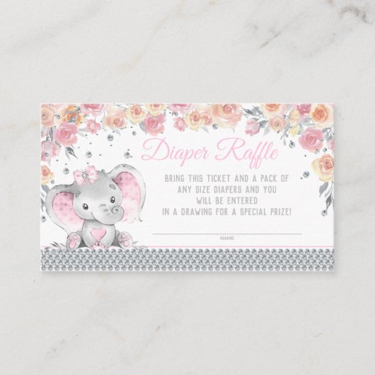 Meisje Olifant Diamant Luier Raffle Baby shower Informatiekaartje (Voorkant)
