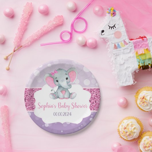 Meisje olifant douche roze Paarse papieren servett Papieren Bordje (Feest)