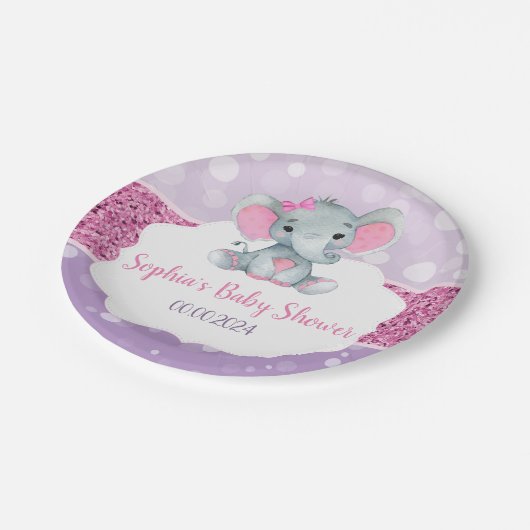 Meisje olifant douche roze Paarse papieren servett Papieren Bordje (Gekanteld)