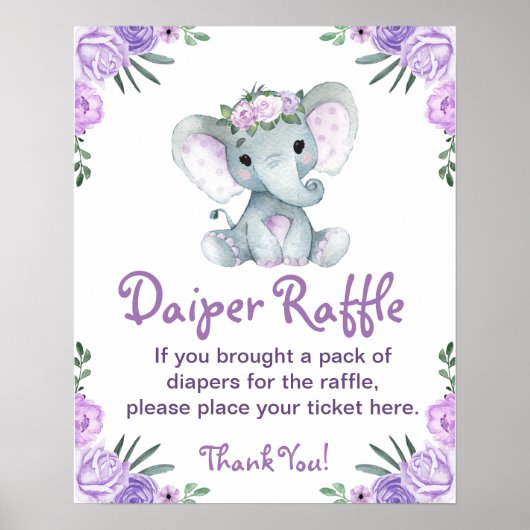 Meisje Olifant Luier Raffle Baby shower Spel Sign Poster (Voorkant)