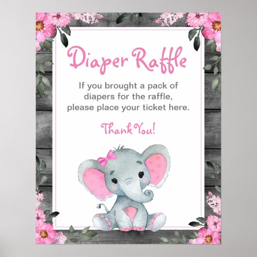 Meisje Olifant Luier Raffle Baby shower Spel Sign Poster (Voorkant)
