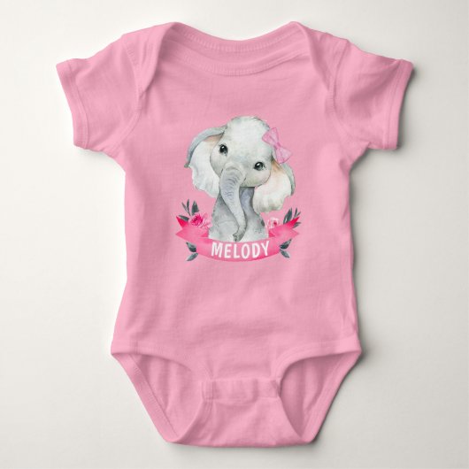 Meisje Olifant met aangepaste naam Roze Bodysuit R (Voorkant)