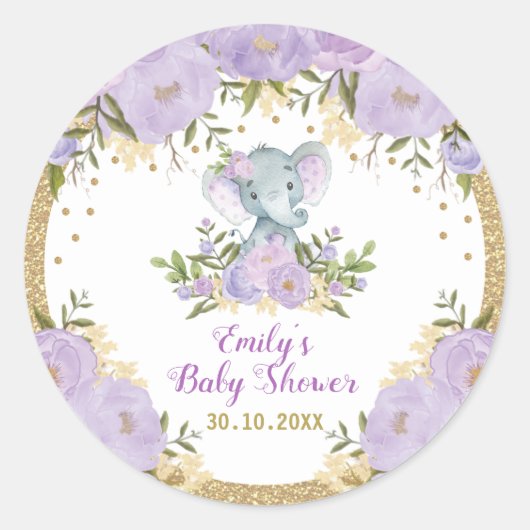 Meisje Olifant Paarse Gouden Bloem Baby shower Ronde Sticker (Voorkant)