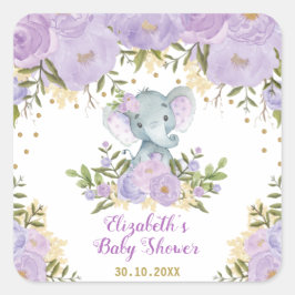 Meisje Olifant Paarse Gouden Bloem Baby shower Vierkante Sticker