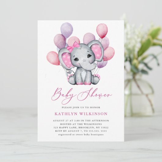 Meisje olifant roze ballon script schattig Baby sh Kaart (Staand voorkant)