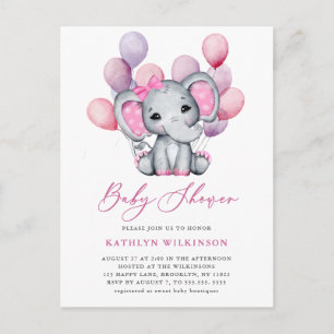 Meisje olifant roze ballon script schattig Baby sh Uitnodiging Briefkaart