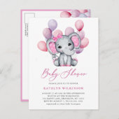 Meisje olifant roze ballon script schattig Baby sh Uitnodiging Briefkaart (Voorkant / Achterkant)