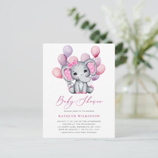 Meisje olifant roze ballon script schattig Baby sh Uitnodiging Briefkaart (Staand voorkant)