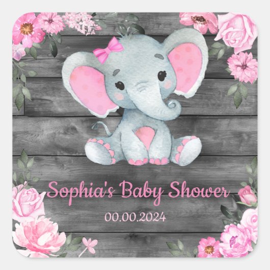 Meisje Olifant Shower Floral Roze Stickers Labels (Voorkant)