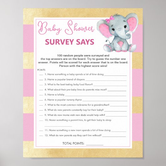 Meisje Olifant Survey zegt Baby Gold Douche Spel Poster (Voorkant)