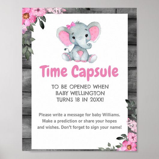 Meisje Olifant Tijd Capsule Baby shower Teken Poster (Voorkant)