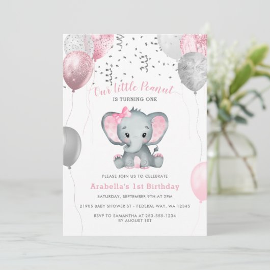 Meisje Olifant Waterverf Ballonnen 1e Verjaardag Kaart (Staand voorkant)