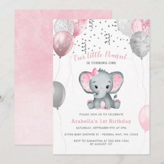 Meisje Olifant Waterverf Ballonnen 1e Verjaardag Kaart (Voorkant / Achterkant)