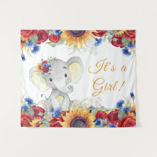 Meisje Olifant Zonnebloem Baby Shower Achtergrond Wandkleed