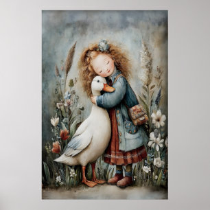 Meisje Omhelst Eend Liefde Vintage Kunstprint, Rus Poster