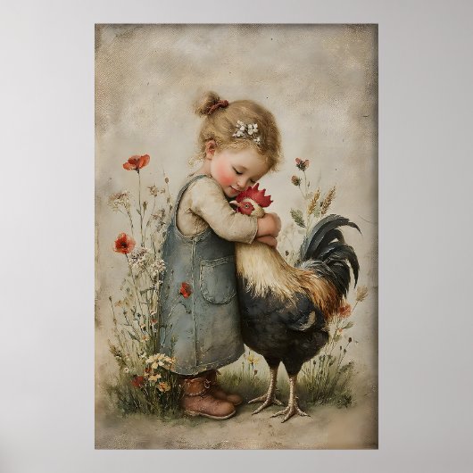 Meisje Omhelst Haan Printbare, Rustieke Kip Poster (Voorkant)