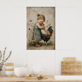 Meisje Omhelst Haan Printbare, Rustieke Kip Poster (Keuken)