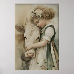 Meisje omhelst koe antieke print, salie groene rus poster