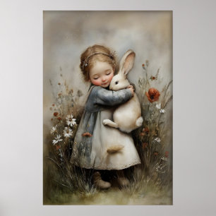 Meisje Omhelst Konijn Print, Konijn Rustiek Poster