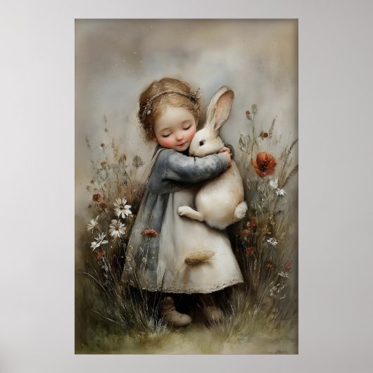 Meisje Omhelst Konijn Print, Konijn Rustiek Poster (Voorkant)