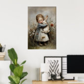 Meisje Omhelst Konijn Print, Konijn Rustiek Poster (Thuiskantoor)