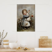 Meisje Omhelst Konijn Print, Konijn Rustiek Poster (Keuken)