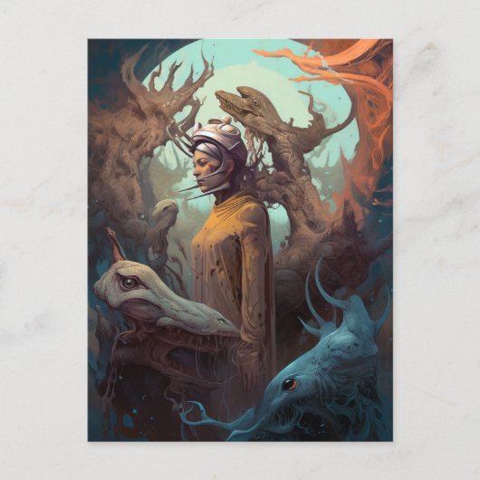 Meisje omringd door Alien Monsters Surreal Art Briefkaart (Voorkant)