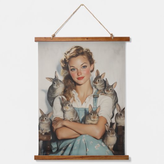 Meisje omringd door konijntjes hangend wandkleed (Voorkant)