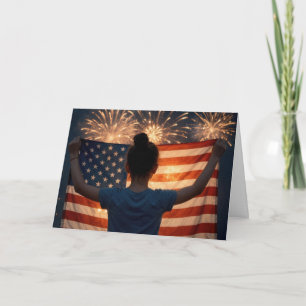 Meisje op 4 juli met vlag en vuurwerk kaart