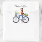 Meisje op blauwe fiets mandje bloemen en groenten vierkante sticker (Tas)