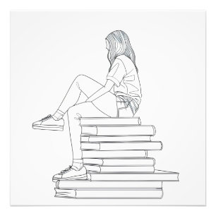 Meisje op boeken Line Art Foto Afdruk