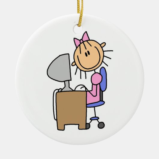 Meisje op computer keramisch ornament (Voorkant)