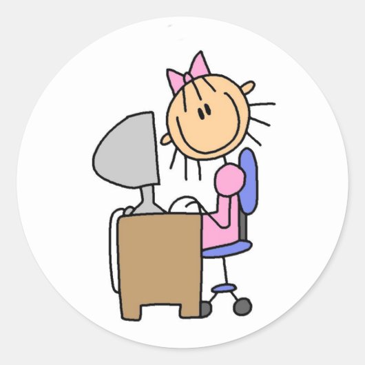 Meisje op computer ronde sticker (Voorkant)
