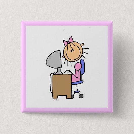 Meisje op computer vierkante button 5,1 cm (Voorkant)