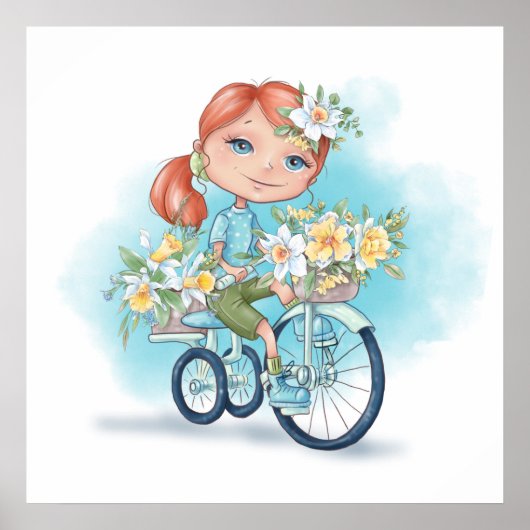 Meisje op de bike met Poster bloemen (Voorkant)