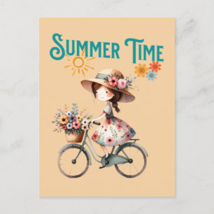 Meisje op de fiets met bloemen zomer briefkaart