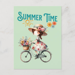 Meisje op de fiets met bloemen zomer briefkaart