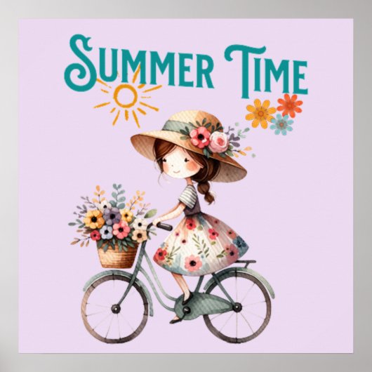 Meisje op de fiets met bloemen zomer poster (Voorkant)