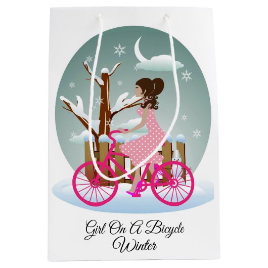 Meisje Op Een Fiets Winter Geschenkentas - Medium, Medium Cadeauzakje (Voorkant)