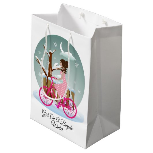 Meisje op een fiets winterkaartje medium cadeauzakje (Achterkant Gekanteld)