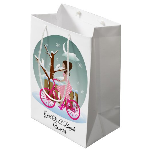 Meisje op een fiets winterkaartje medium cadeauzakje (Voorkant Gekanteld)