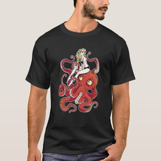 Meisje op een Octopus Rode Octopus Octopus T-shirt (Voorkant)