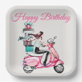Meisje op een Scooter met Cadeaus Papieren Bordje