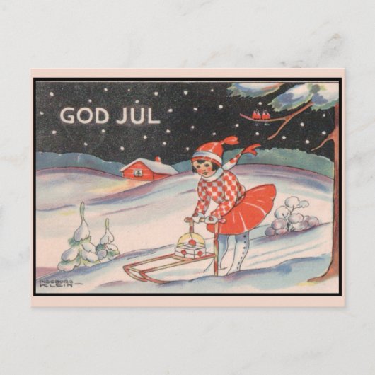 Meisje op een slede, sneeuw - vintage kerst briefkaart (Voorkant)