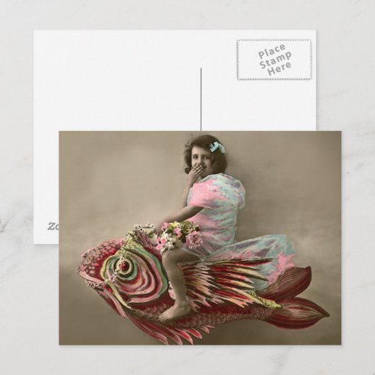 Meisje op een vis briefkaart (Voorkant / Achterkant)